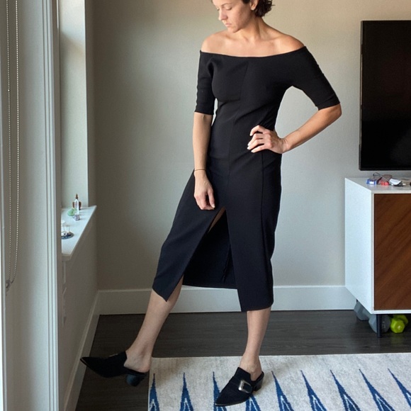 Zara Off Shoulder High-Front-Slit Black Dress - Picture 2 of 7
